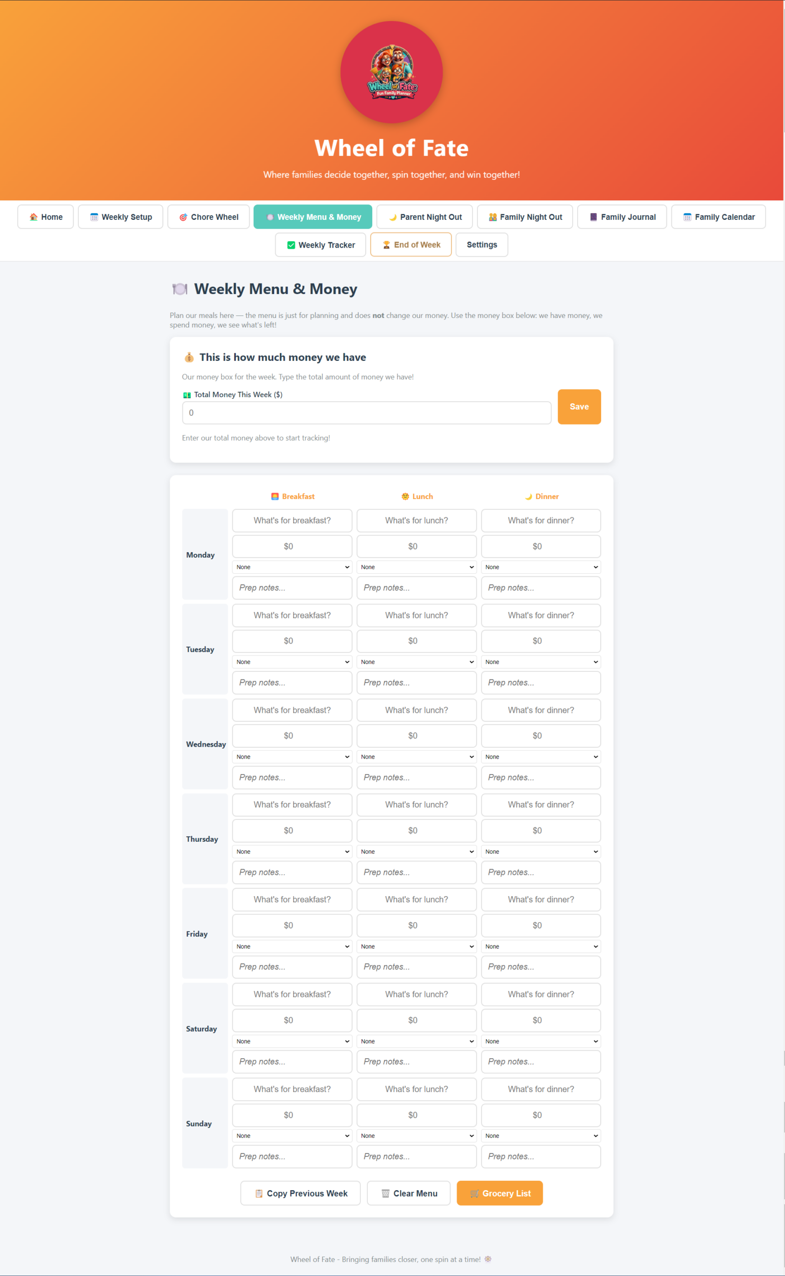 Screenshot of the Wheel of Fate Family Planner app showing the chore wheel and weekly planner.