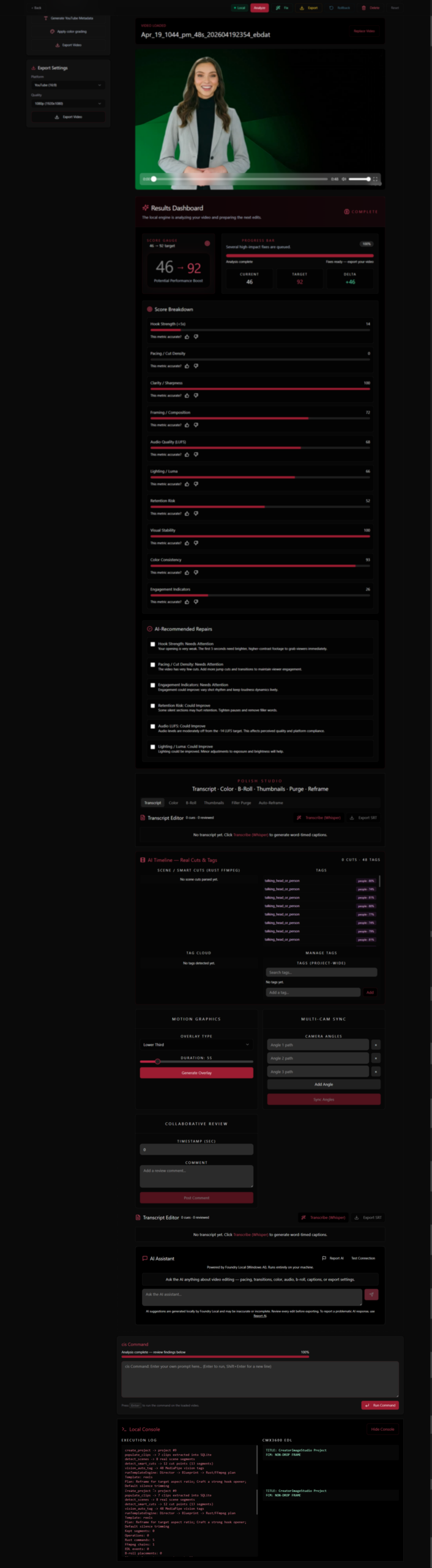 Full screenshot of the Creator Image Studio Video Score screen showing the score, score breakdown, and suggested fixes for a project.
