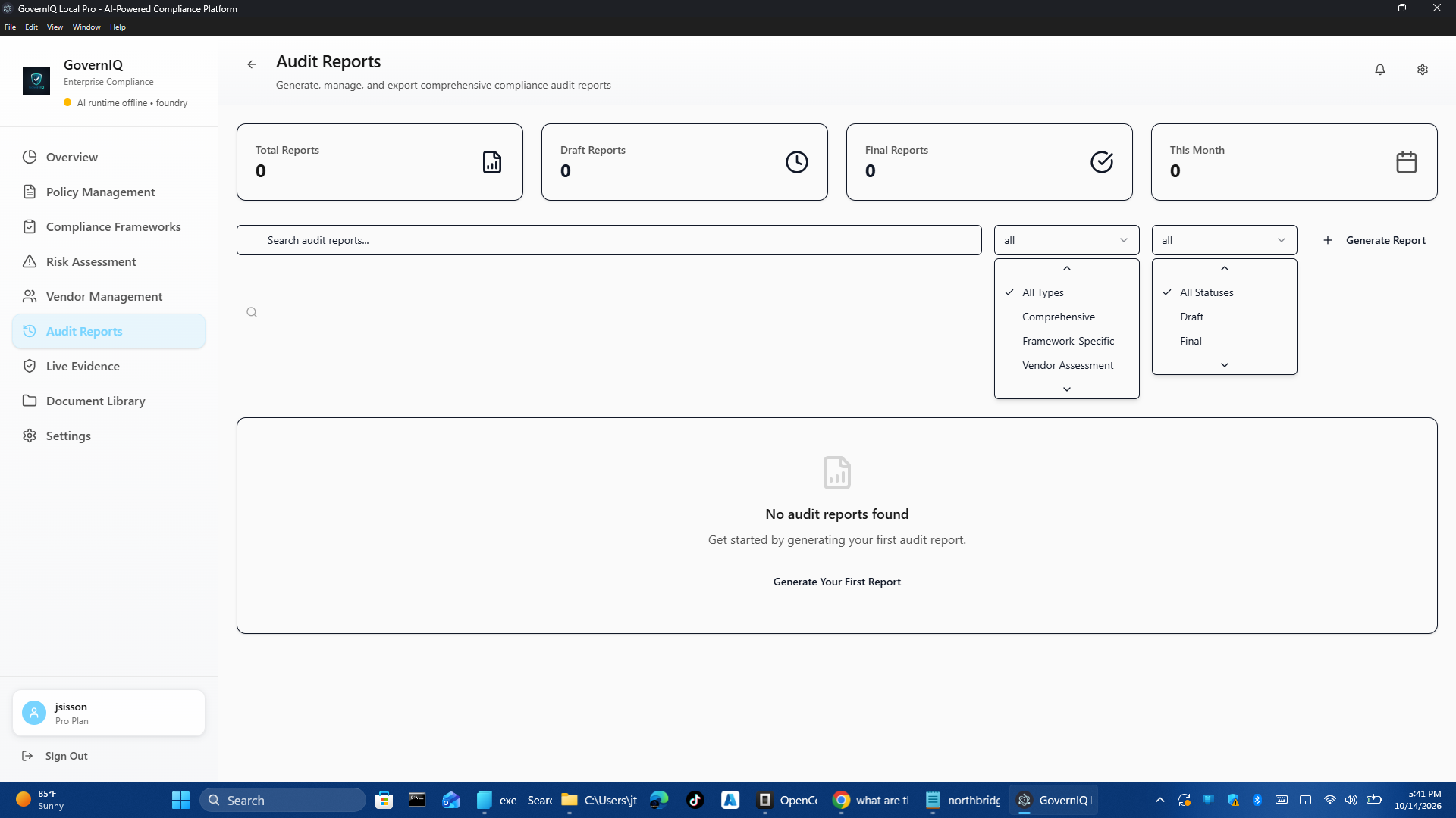 Govern IQ audit reports screen with traceable records and timestamps.