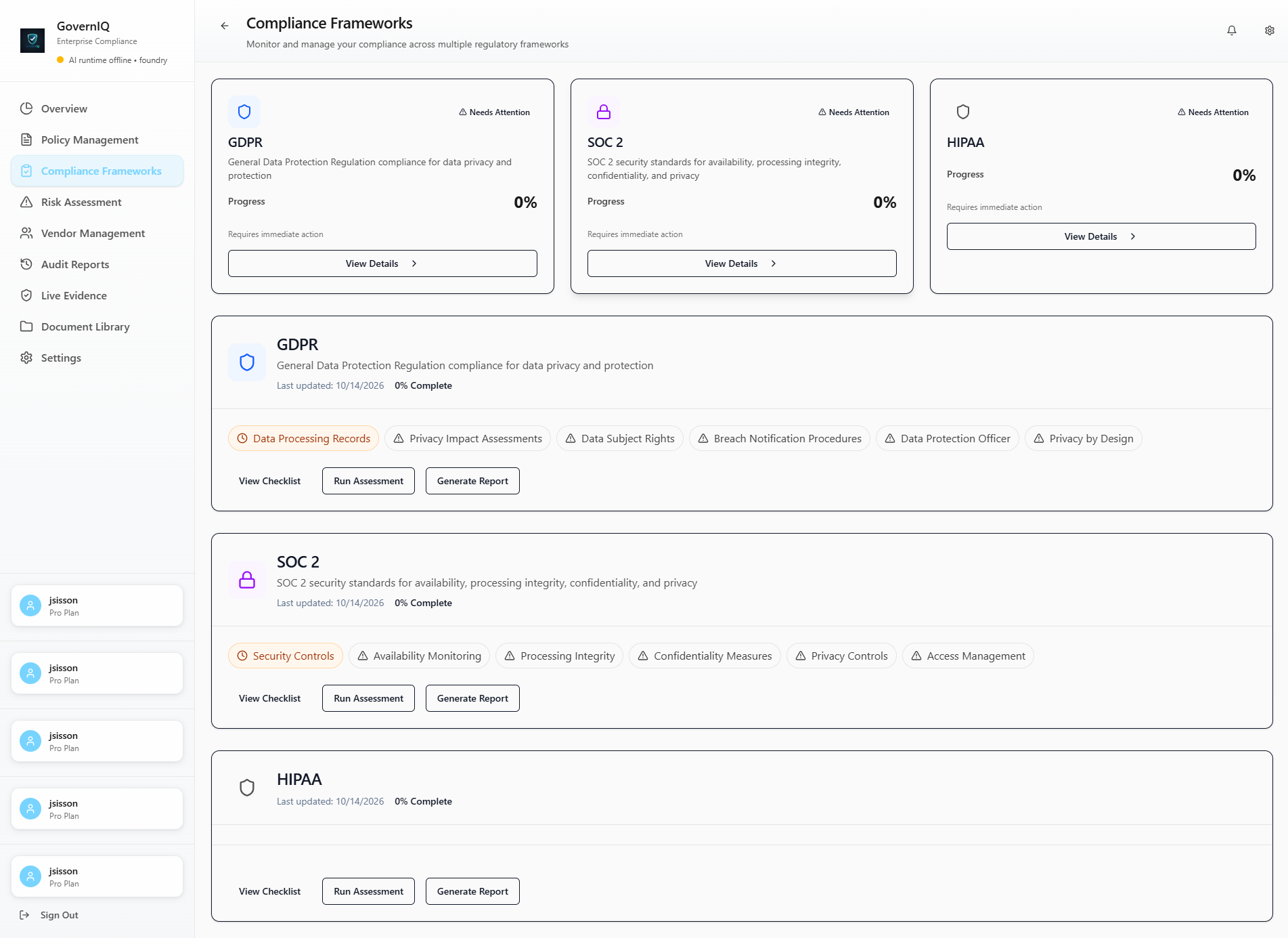 Govern IQ compliance frameworks screen listing frameworks, controls, and mapping status.