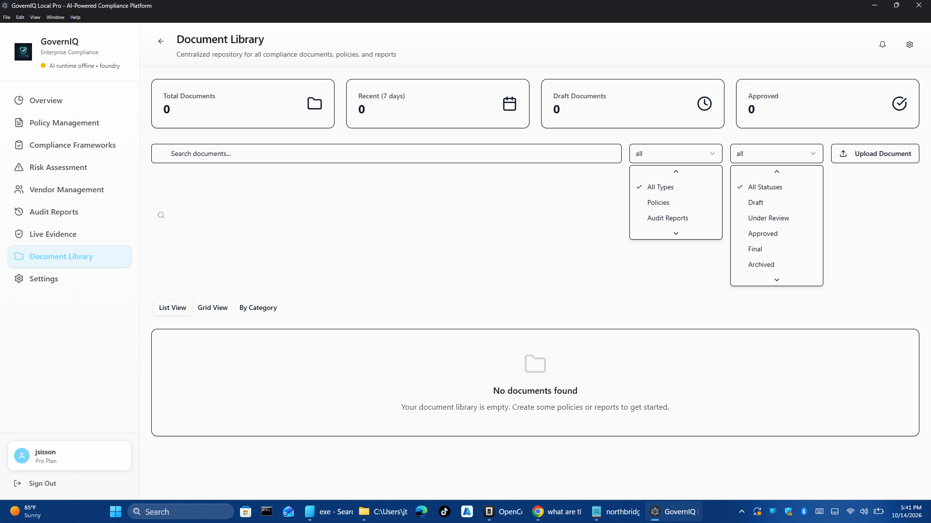 Govern IQ document library screen with policy documents, versions, and owners.