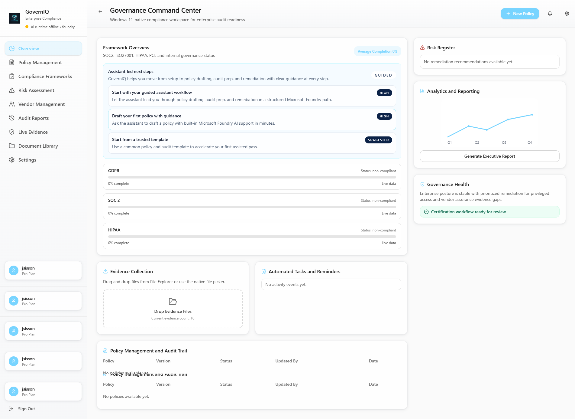 Govern IQ dashboard showing governance policies, compliance status, and audit-ready records.