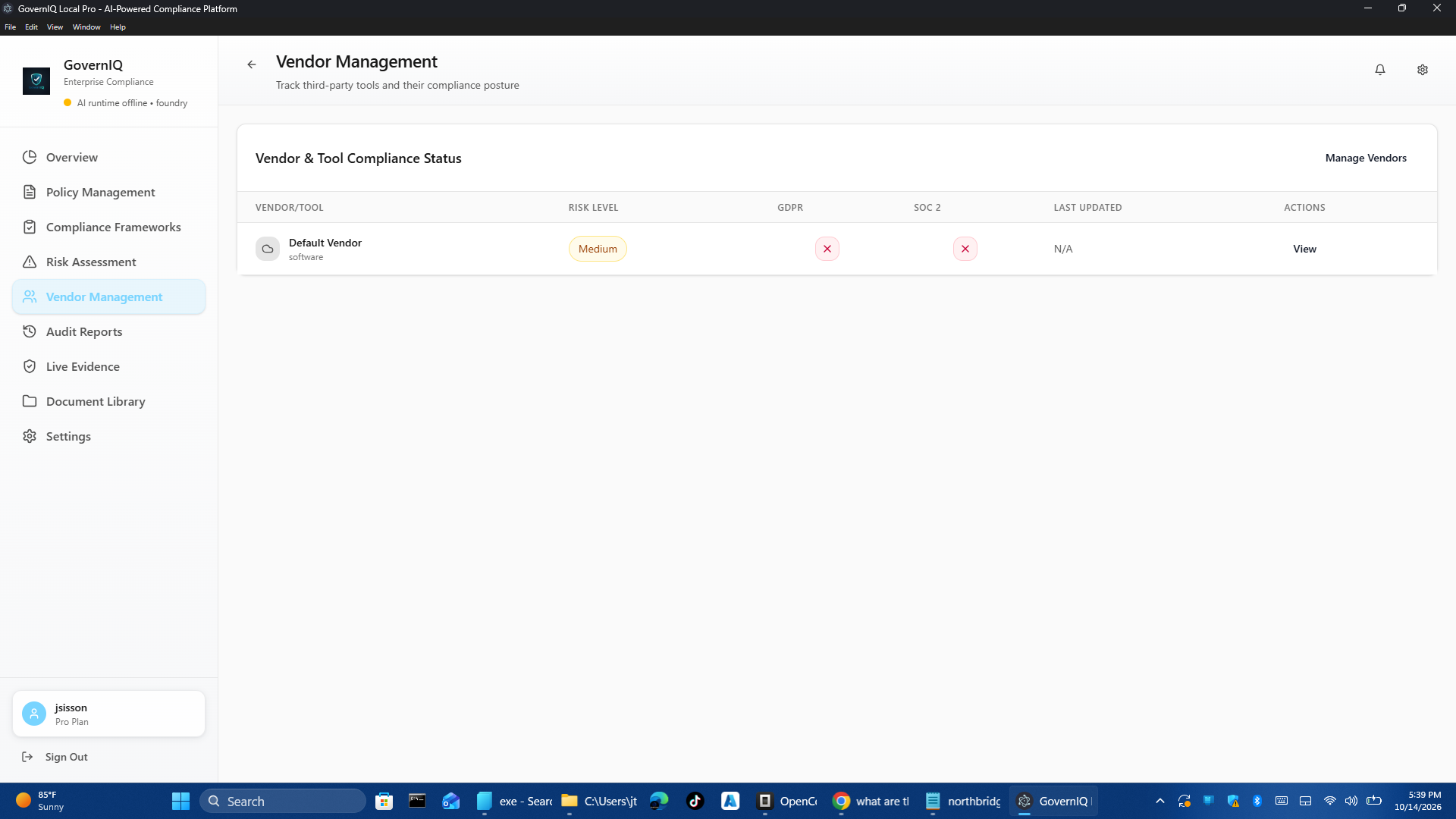 Govern IQ vendor management screen tracking third parties and their risk status.